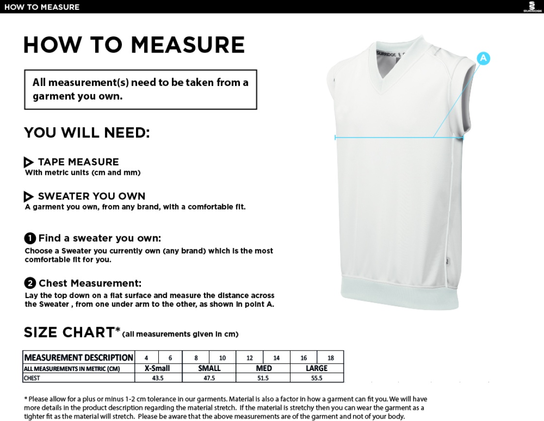 Cherry Tree Blast Sleeveless Women's Cricket Sweater - Size Guide